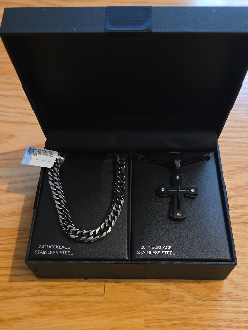 Mens Stainless Steel Black Cross Pendant Necklace & Chain Set